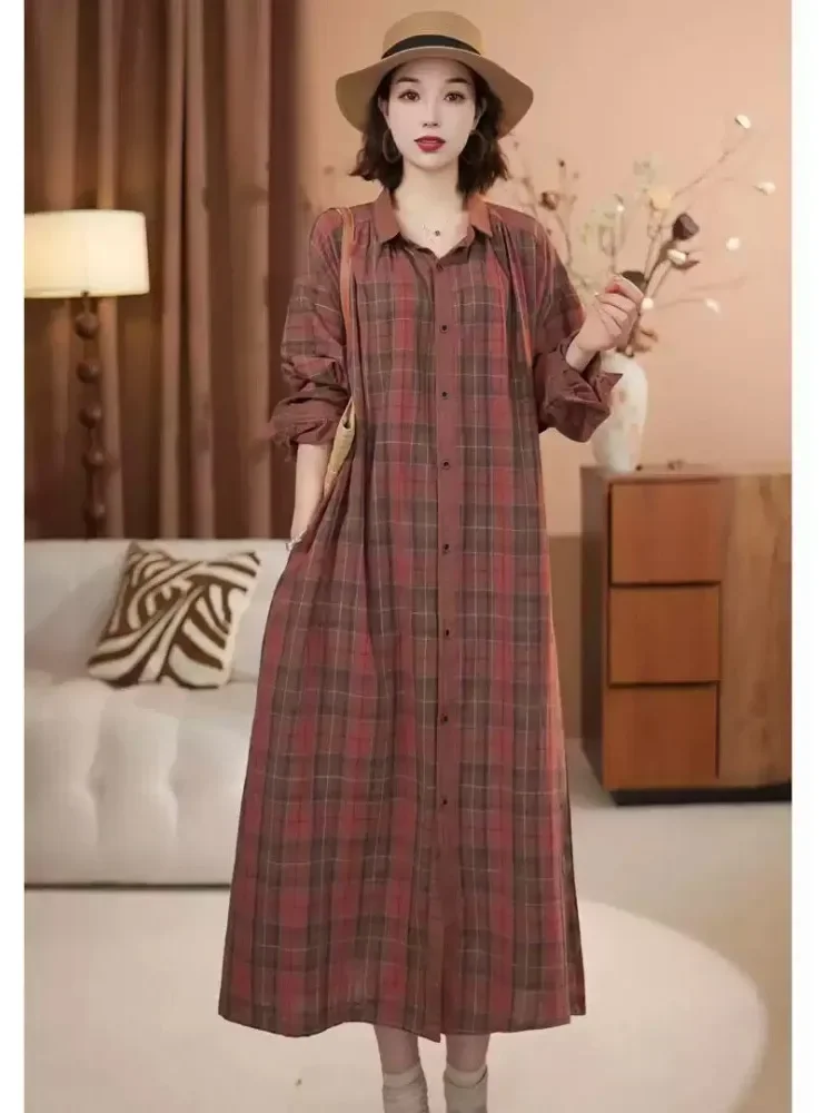 FADFAD Gaun maxi motif kotak - kotak dengan gaya kasual untuk wanita