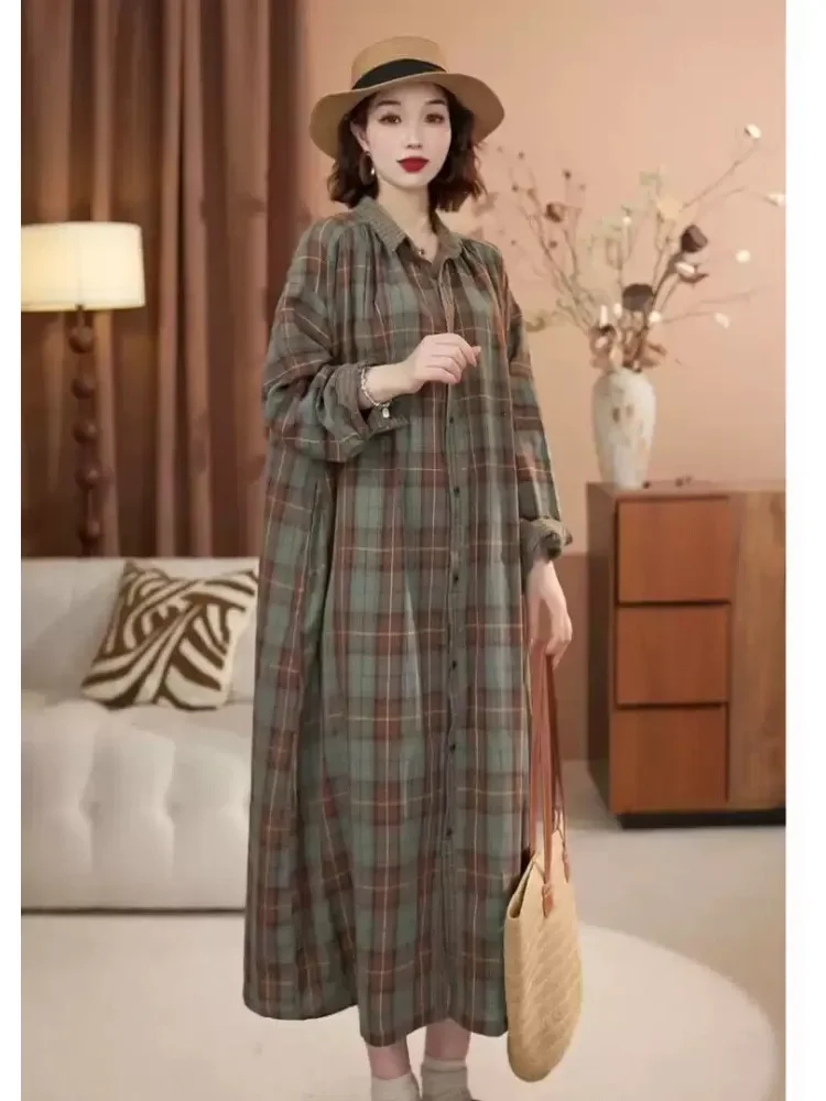 FADFAD Gaun maxi motif kotak - kotak dengan gaya kasual untuk wanita