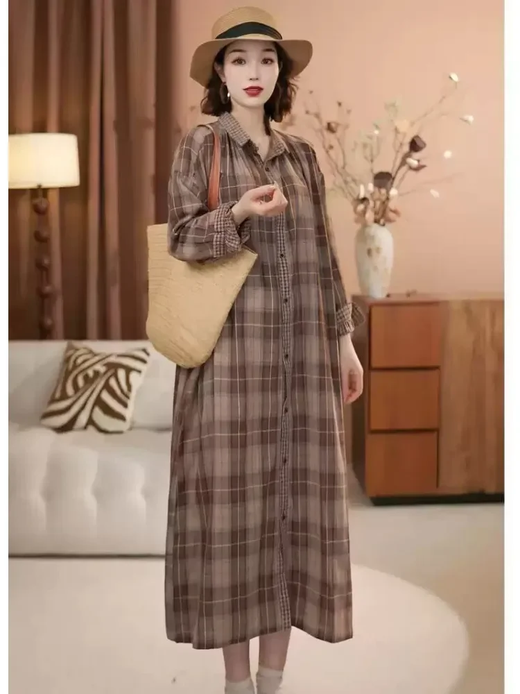 FADFAD Gaun maxi motif kotak - kotak dengan gaya kasual untuk wanita