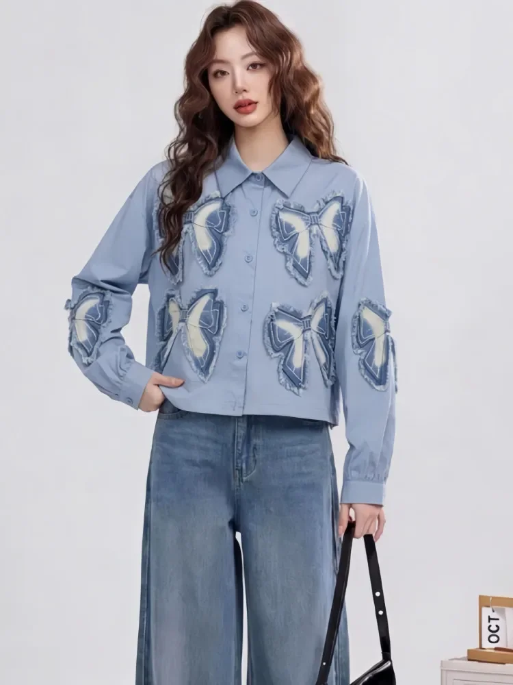 FADFAD Atasan kemeja longgar dengan motif pita unik bergaya minimalis tren dengan lengan panjang