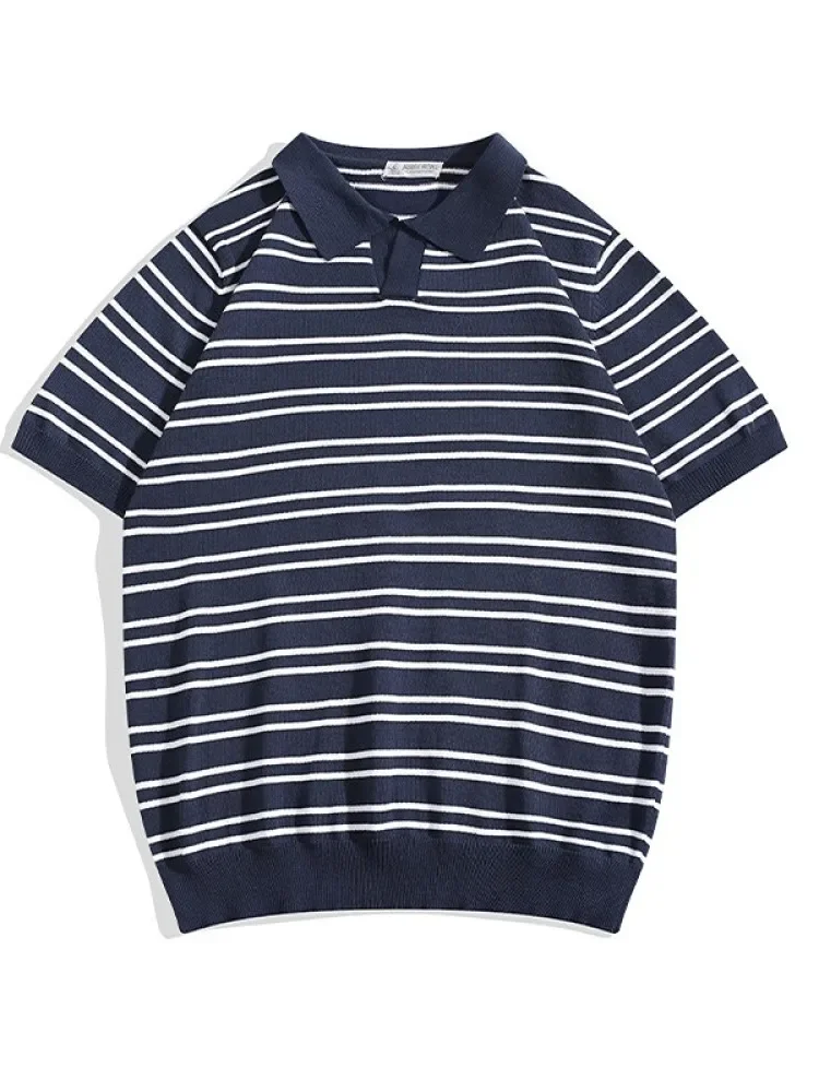 MODISH Kemeja lengan pendek pria rajutan sutra es bergaris gaya preppy musim panas.
