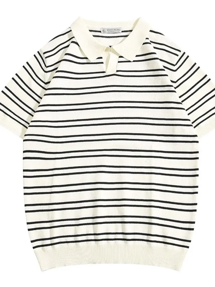 MODISH Kemeja lengan pendek pria rajutan sutra es bergaris gaya preppy musim panas.