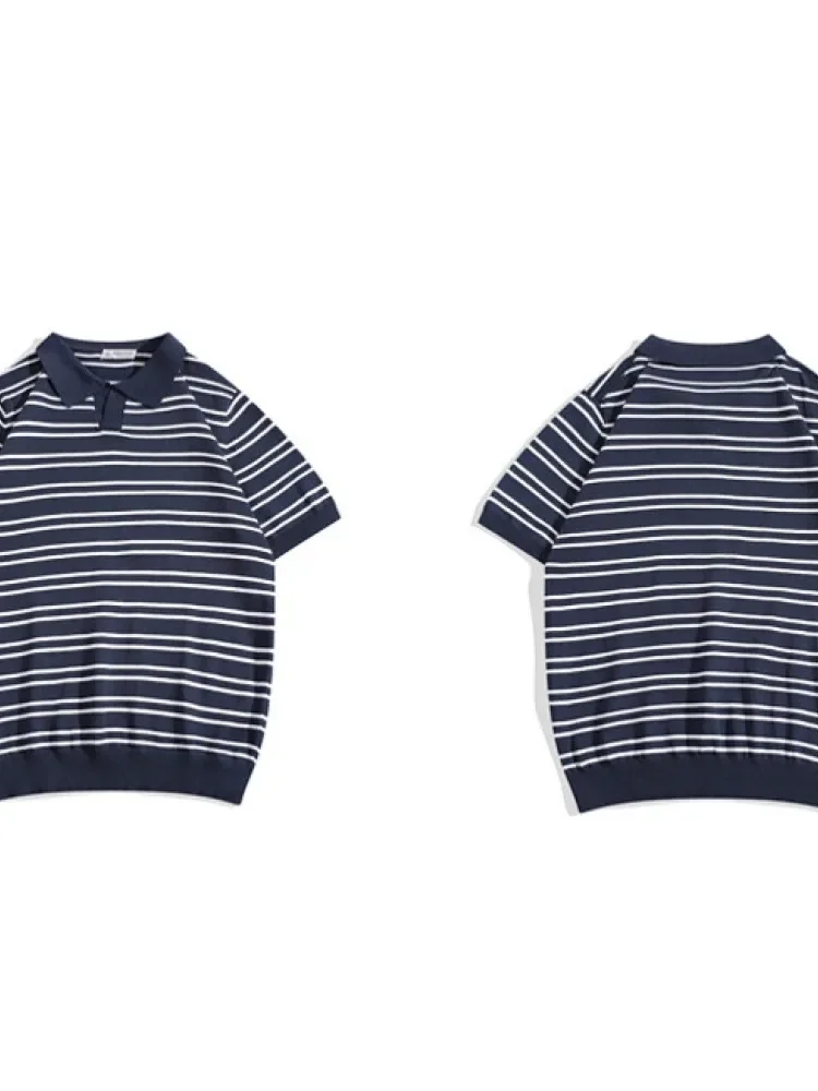 MODISH Kemeja lengan pendek pria rajutan sutra es bergaris gaya preppy musim panas.