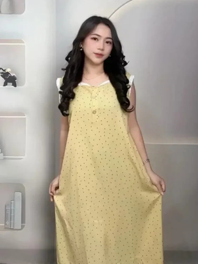 ASAYA Gaun midi pakaian wanita motif polkadot gaya kekinian korea
