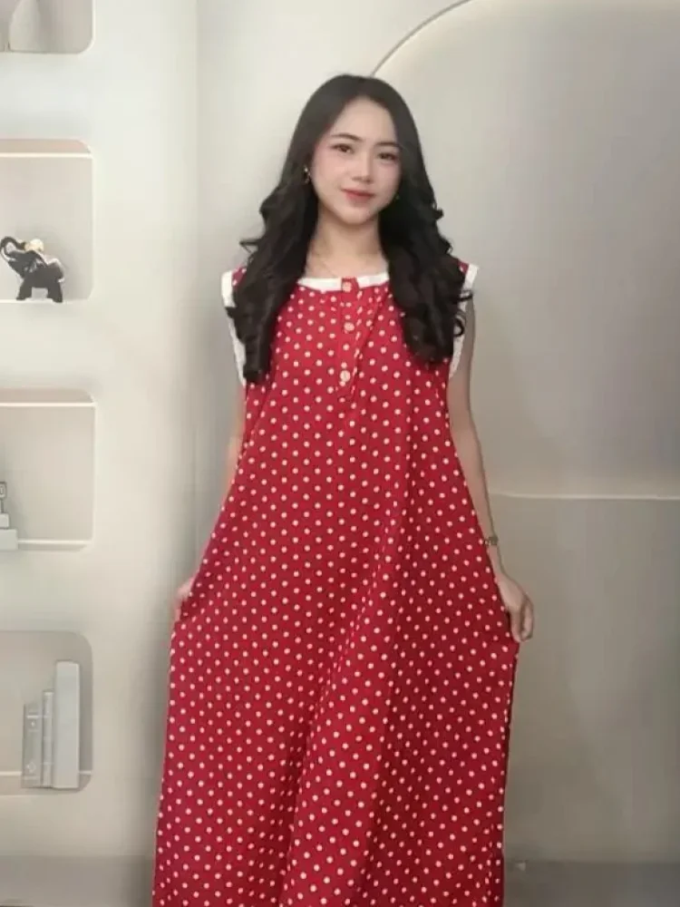 ASAYA Gaun midi pakaian wanita motif polkadot gaya kekinian korea