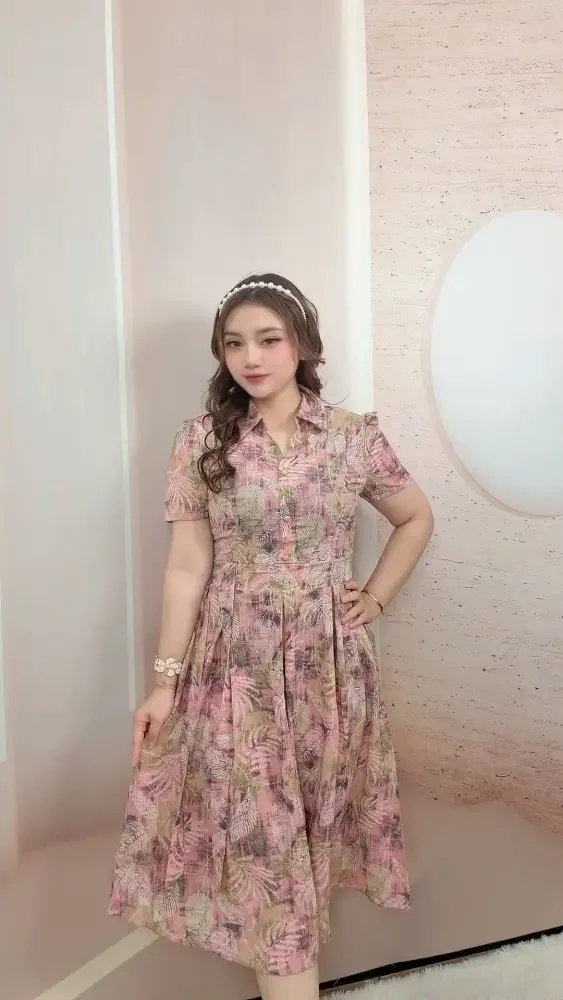 ASAYA Gaun midi bermotif yang elegan dengan lengan pendek untuk wanita