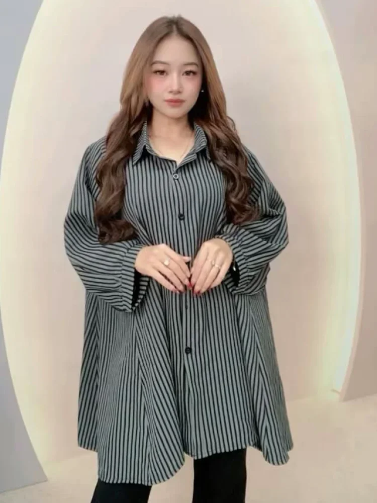 ASAYA Kemeja wanita lengan panjang dengan motif salur gaya kasual