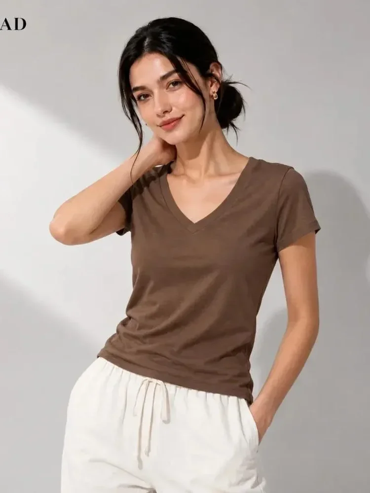[READY STOCK]FADFAD Atasan kaos v-neck lengan pendek ramping bergaya kasual untuk wanita