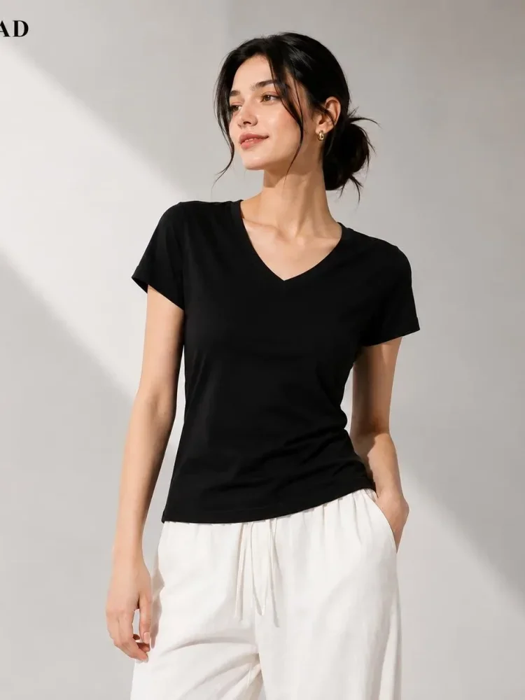 [READY STOCK]FADFAD Atasan kaos v-neck lengan pendek ramping bergaya kasual untuk wanita
