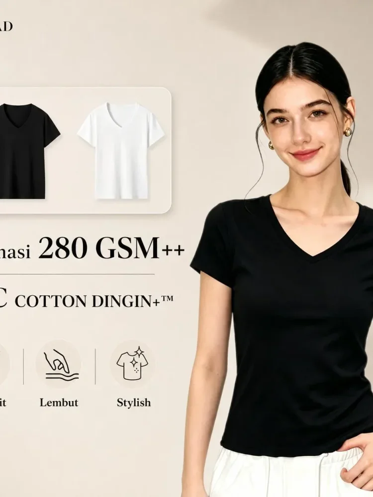 [READY STOCK]FADFAD Atasan kaos v-neck lengan pendek ramping bergaya kasual untuk wanita