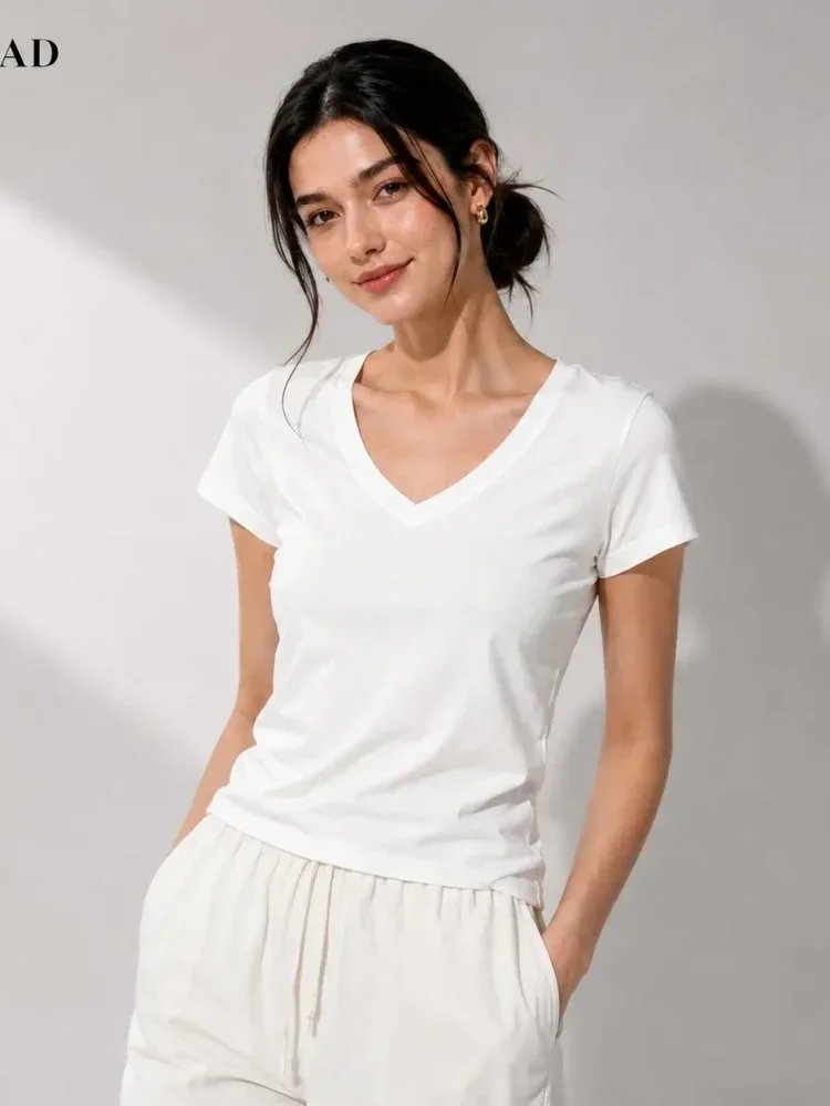 [READY STOCK]FADFAD Atasan kaos v-neck lengan pendek ramping bergaya kasual untuk wanita