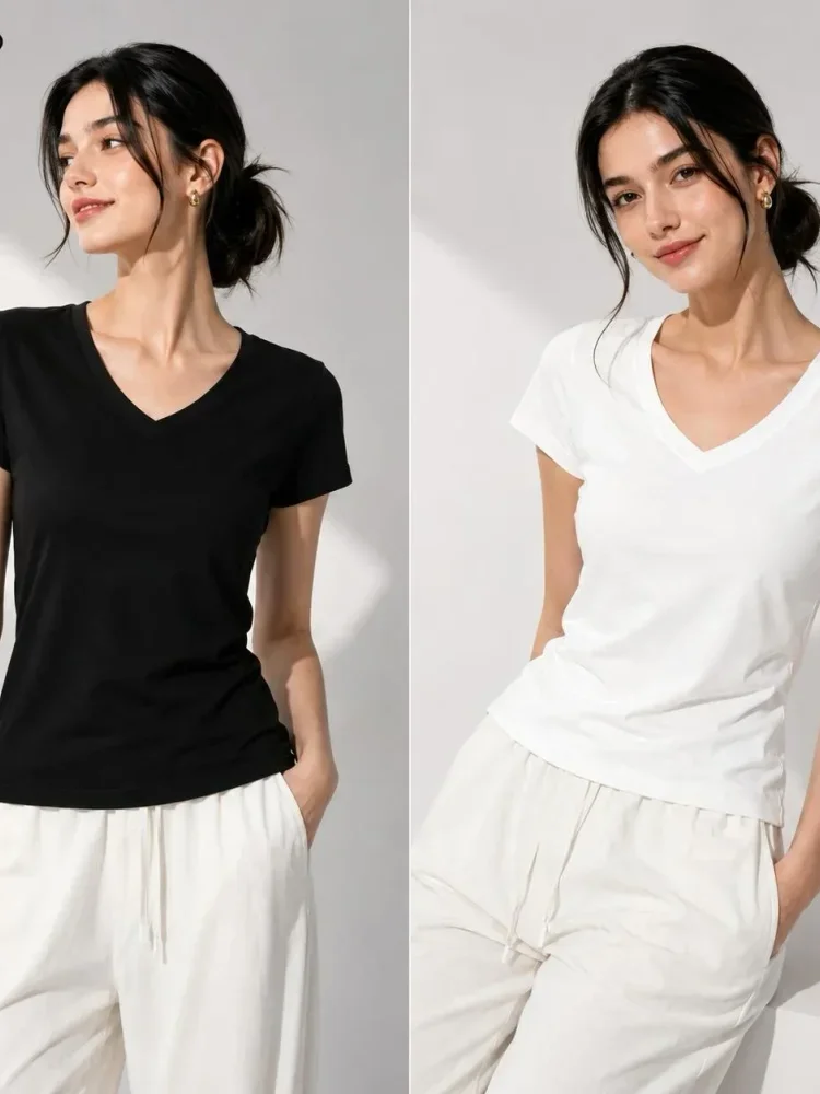 [READY STOCK]FADFAD Atasan kaos v-neck lengan pendek ramping bergaya kasual untuk wanita