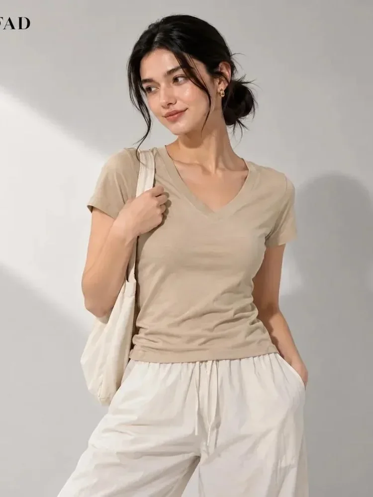[READY STOCK]FADFAD Atasan kaos v-neck lengan pendek ramping bergaya kasual untuk wanita