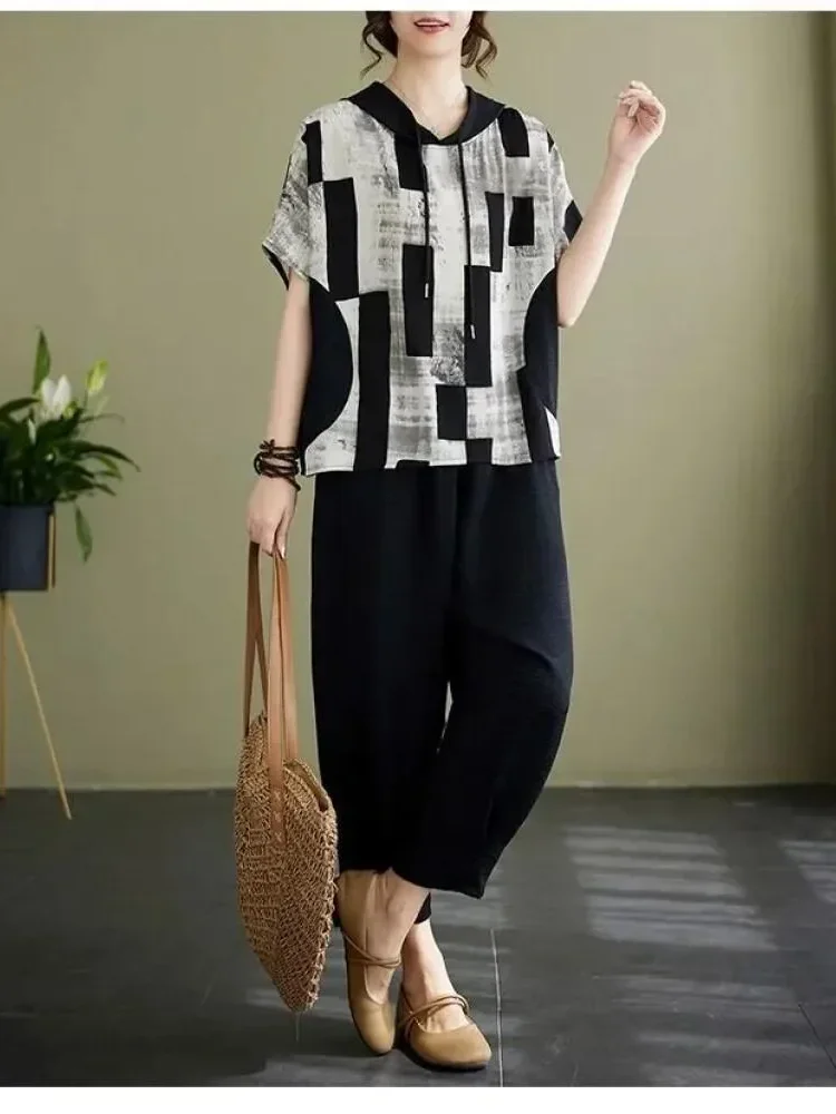 ASAYA Setelan wanita dua polong atasan blouse model hoded dan celana panjang motif cetak