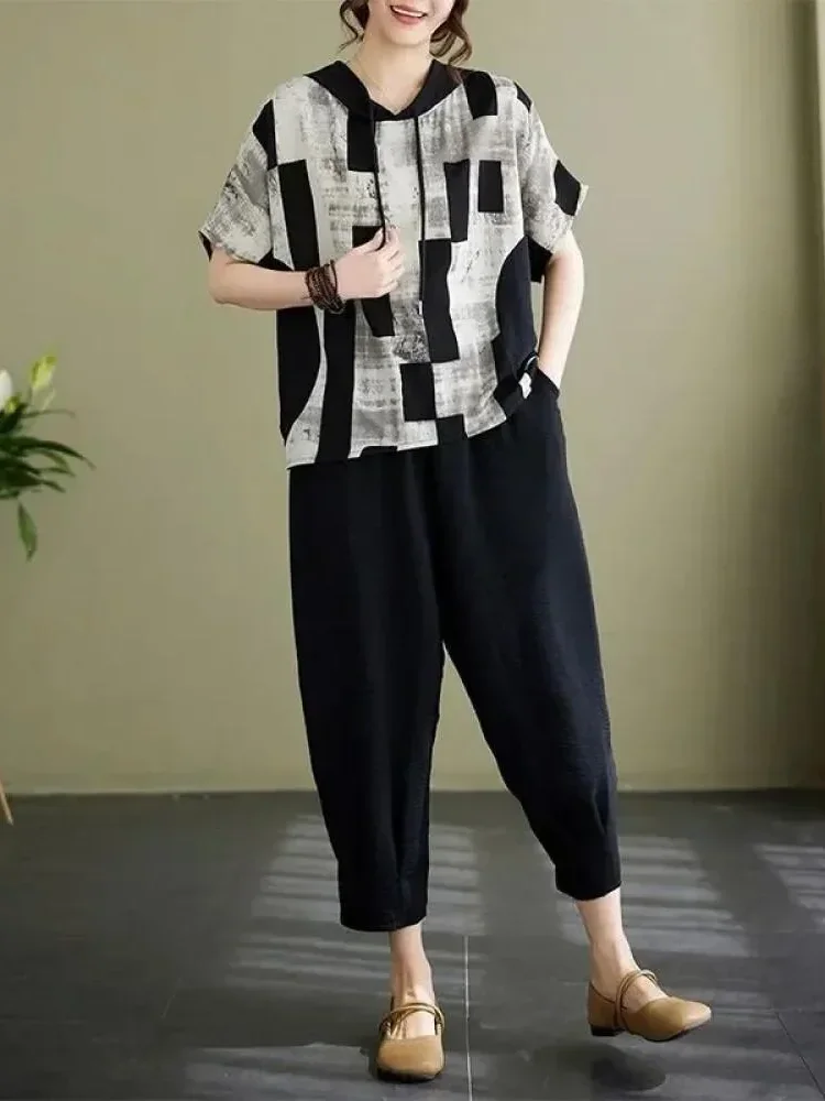ASAYA Setelan wanita dua polong atasan blouse model hoded dan celana panjang motif cetak