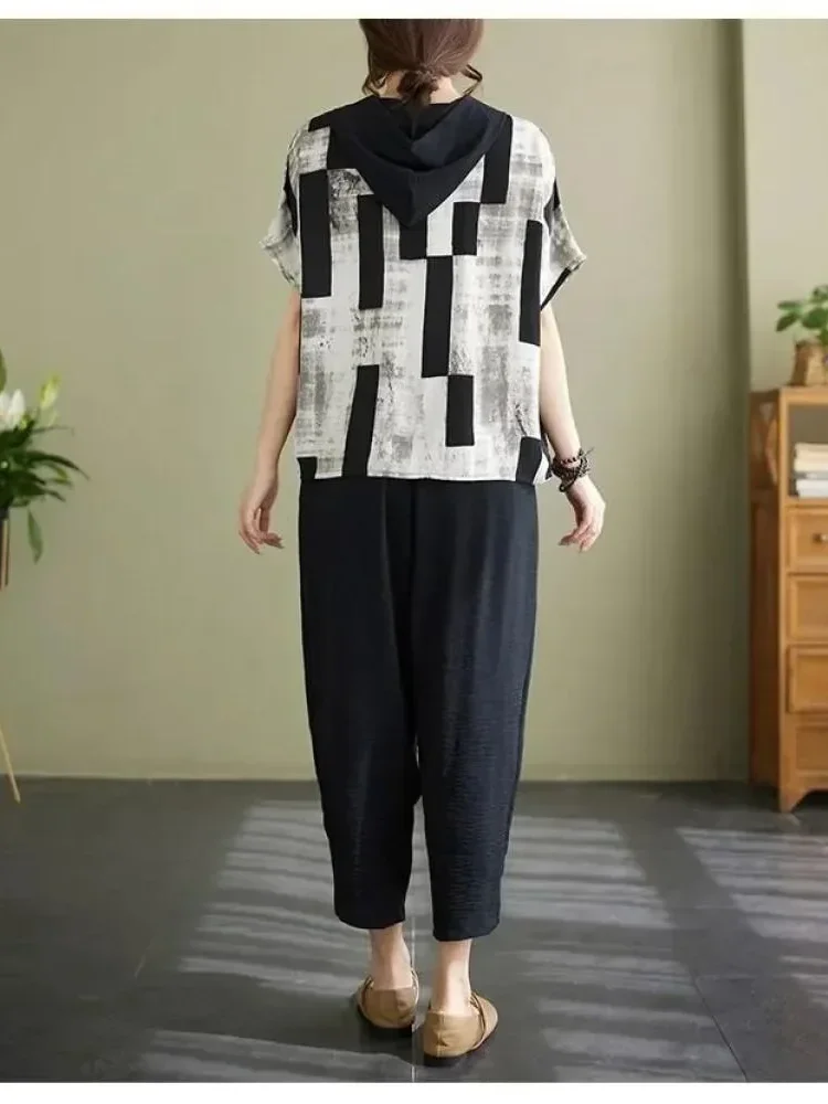 ASAYA Setelan wanita dua polong atasan blouse model hoded dan celana panjang motif cetak