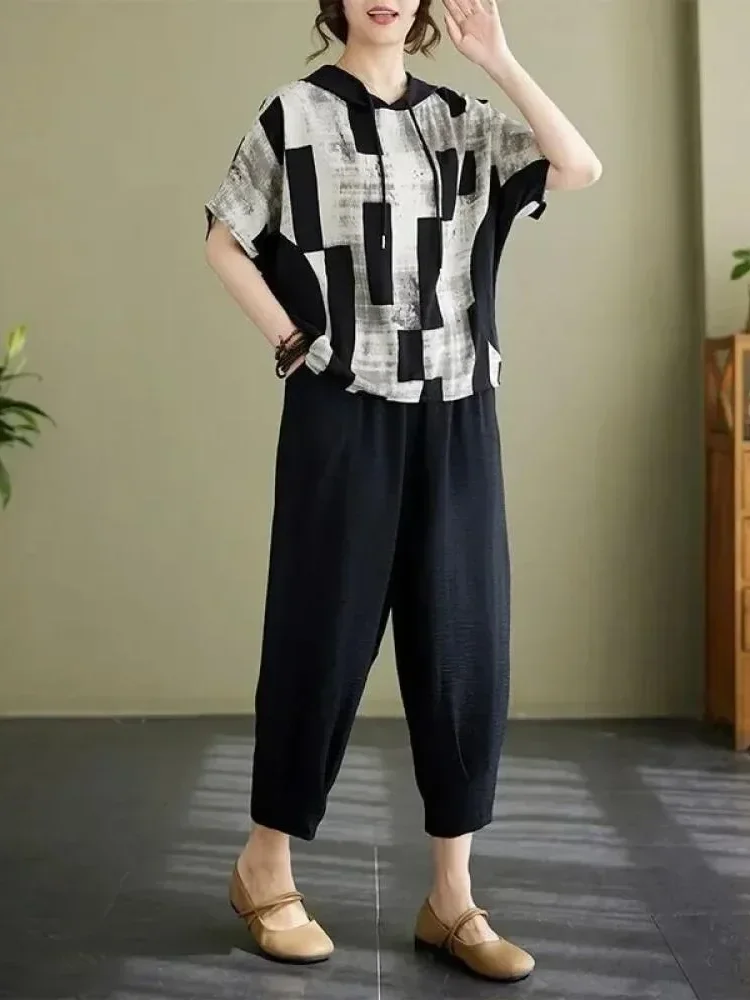 ASAYA Setelan wanita dua polong atasan blouse model hoded dan celana panjang motif cetak