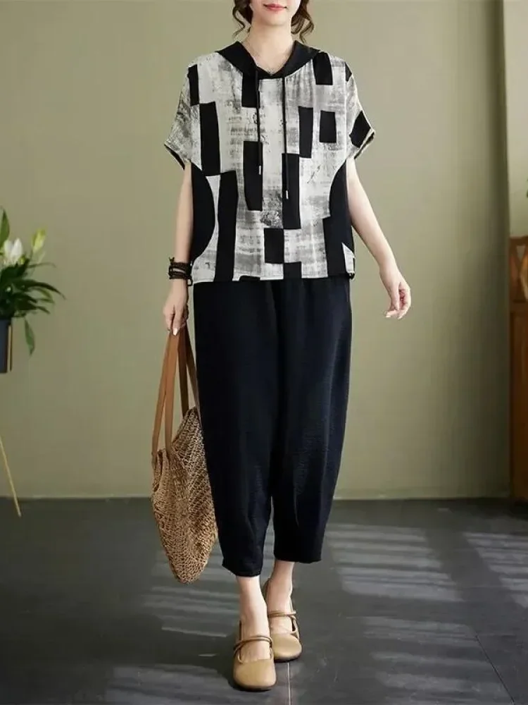 ASAYA Setelan wanita dua polong atasan blouse model hoded dan celana panjang motif cetak