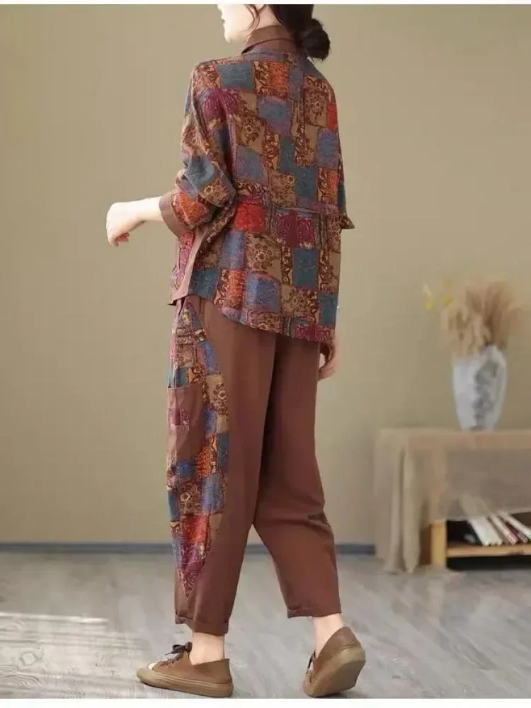 ASAYA Setelan wanita dua potong atasan blouse motif cetak dan celana panjang bergaya retro