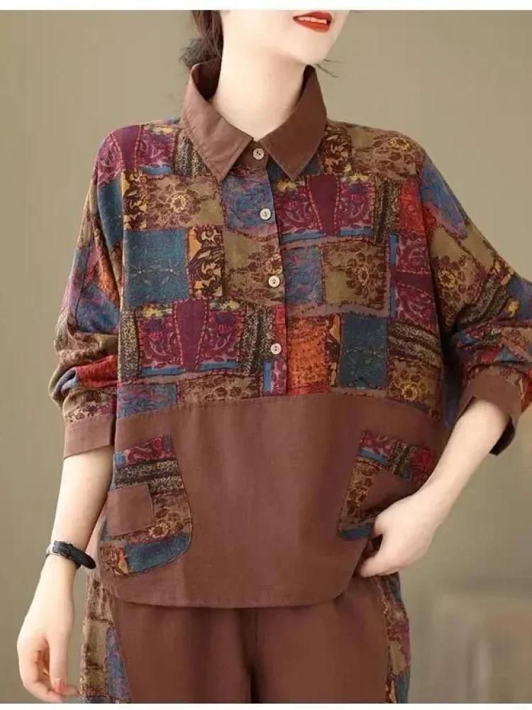 ASAYA Setelan wanita dua potong atasan blouse motif cetak dan celana panjang bergaya retro