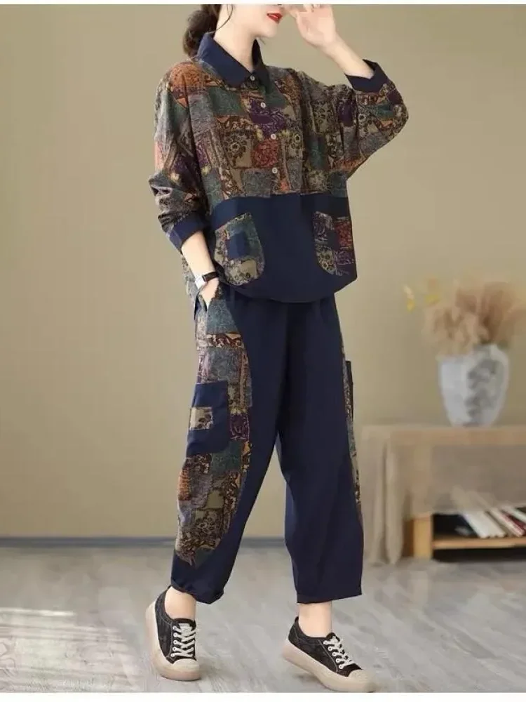 ASAYA Setelan wanita dua potong atasan blouse motif cetak dan celana panjang bergaya retro