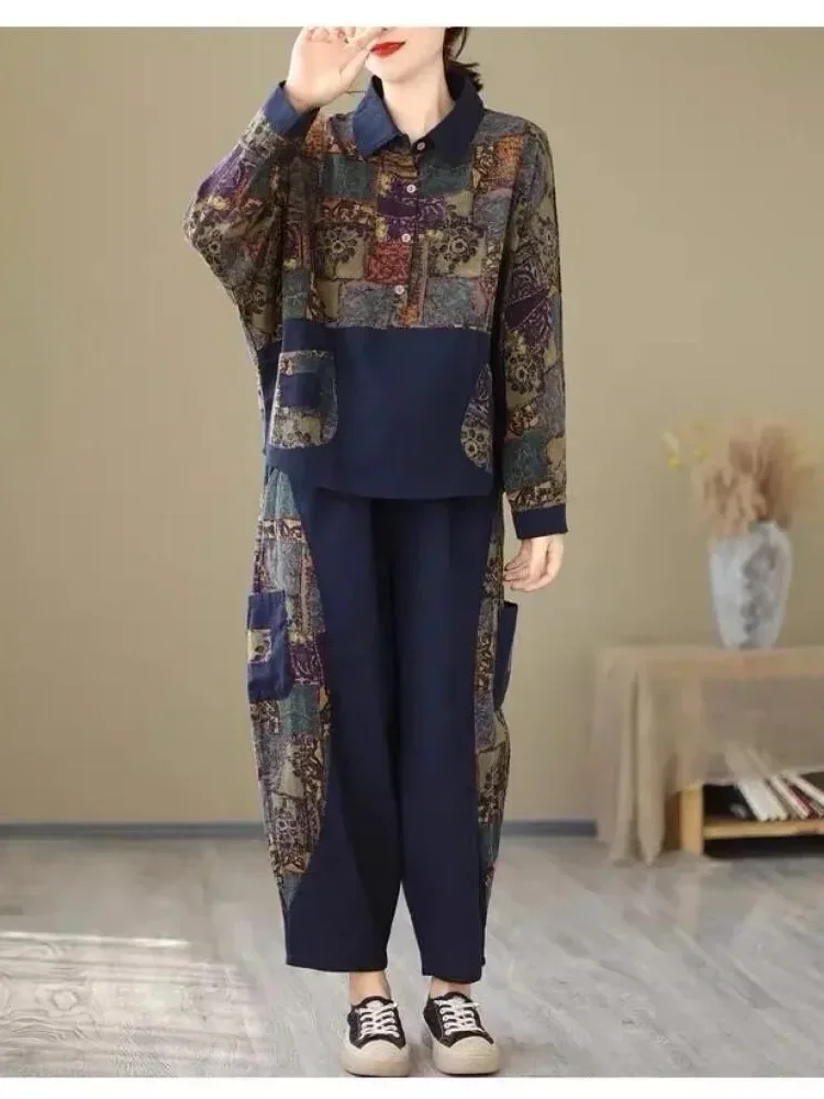 ASAYA Setelan wanita dua potong atasan blouse motif cetak dan celana panjang bergaya retro