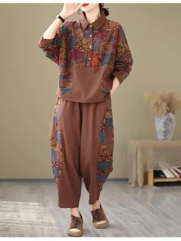ASAYA Setelan wanita dua potong atasan blouse motif cetak dan celana panjang bergaya retro