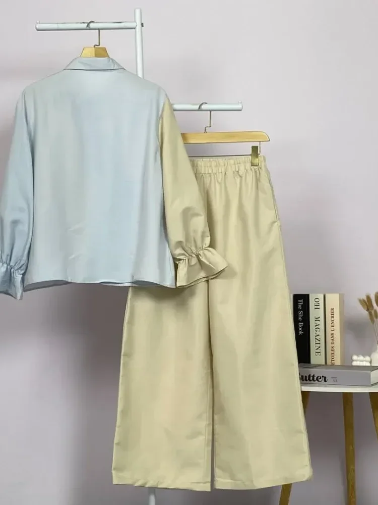 ASAYA Setelan wanita muslim 2 pcs - kemeja kontras + celana kulot nyaman