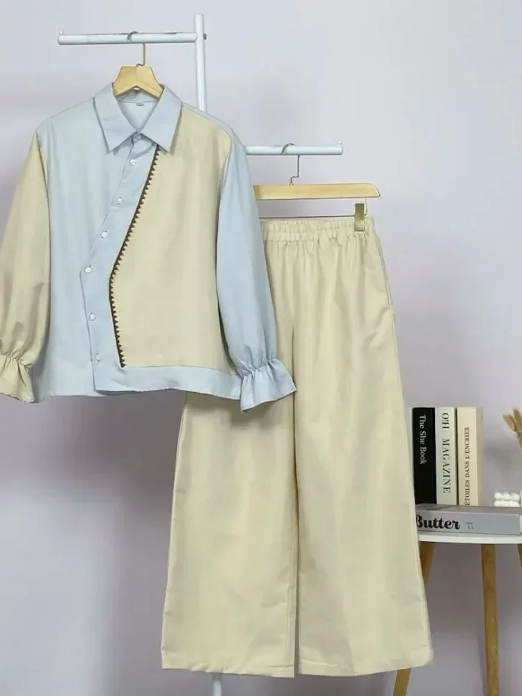 ASAYA Setelan wanita muslim 2 pcs - kemeja kontras + celana kulot nyaman