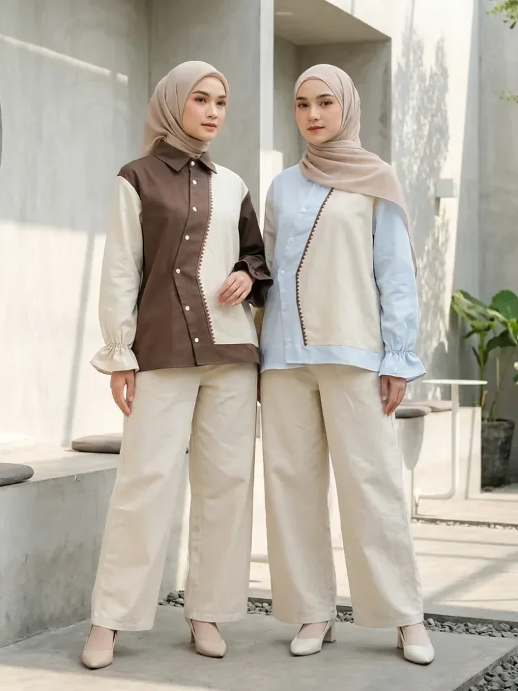 ASAYA Setelan wanita muslim 2 pcs - kemeja kontras + celana kulot nyaman