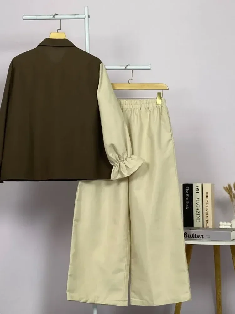 ASAYA Setelan wanita muslim 2 pcs - kemeja kontras + celana kulot nyaman