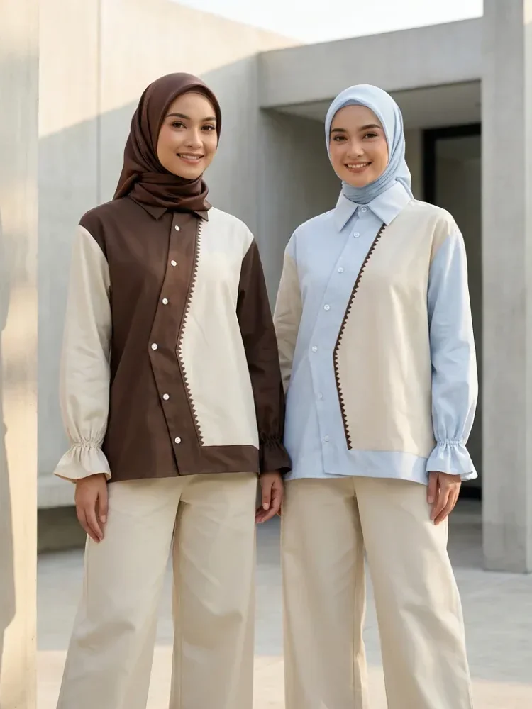 ASAYA Setelan wanita muslim 2 pcs - kemeja kontras + celana kulot nyaman