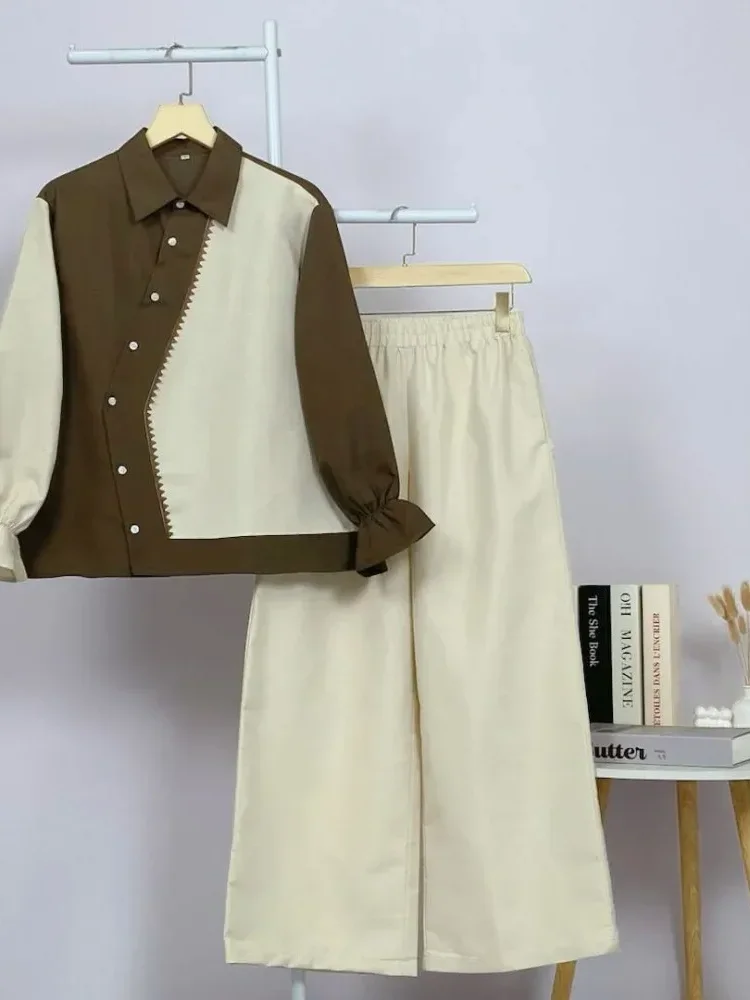 ASAYA Setelan wanita muslim 2 pcs - kemeja kontras + celana kulot nyaman