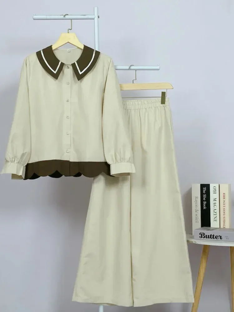 ASAYA Set kemeja muslim wanita kerah contrast dan hem gelombang - desain vintage