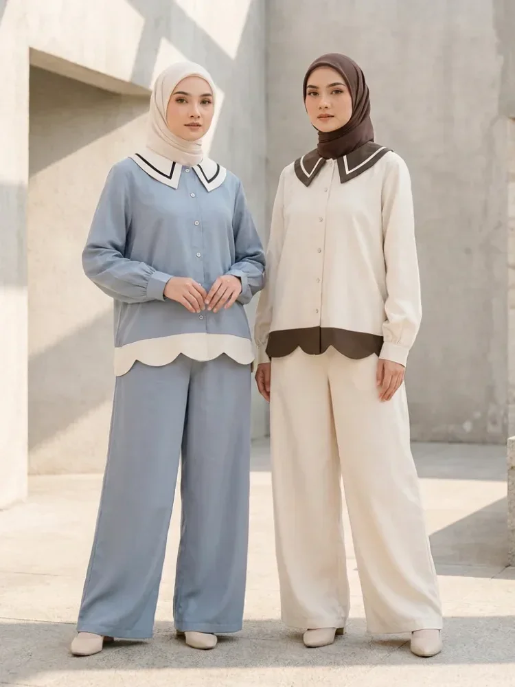 ASAYA Set kemeja muslim wanita kerah contrast dan hem gelombang - desain vintage