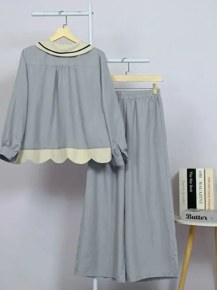 ASAYA Set kemeja muslim wanita kerah contrast dan hem gelombang - desain vintage