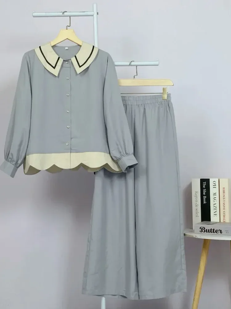 ASAYA Set kemeja muslim wanita kerah contrast dan hem gelombang - desain vintage