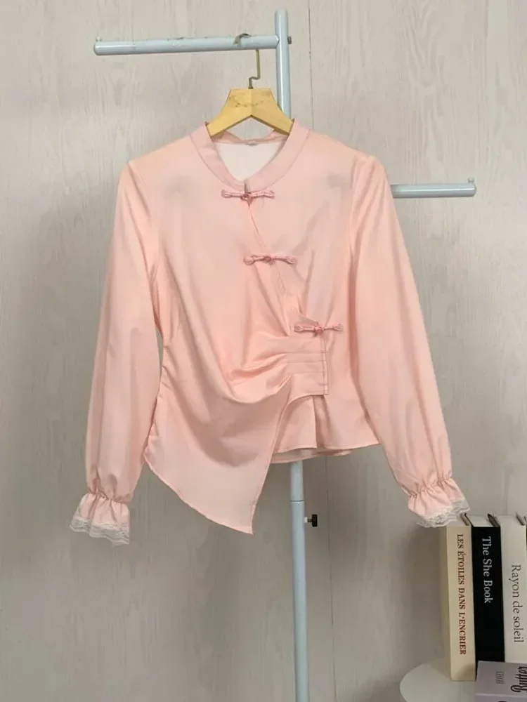 ASAYA Kaos lengan panjang solid baru, atasan dengan desain lipatan sederhana dipadukan dengan kancing khusus, renda menghiasi siku
