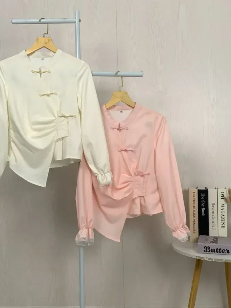 ASAYA Kaos lengan panjang solid baru, atasan dengan desain lipatan sederhana dipadukan dengan kancing khusus, renda menghiasi siku