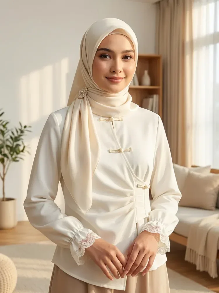 ASAYA Kaos lengan panjang solid baru, atasan dengan desain lipatan sederhana dipadukan dengan kancing khusus, renda menghiasi siku