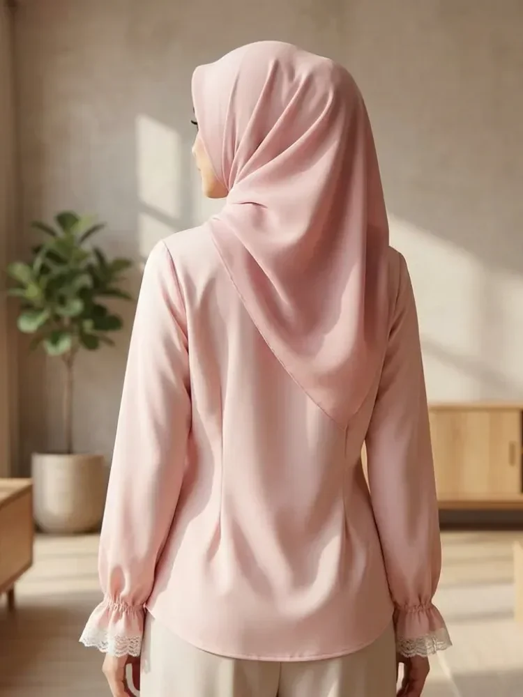 ASAYA Kaos lengan panjang solid baru, atasan dengan desain lipatan sederhana dipadukan dengan kancing khusus, renda menghiasi siku