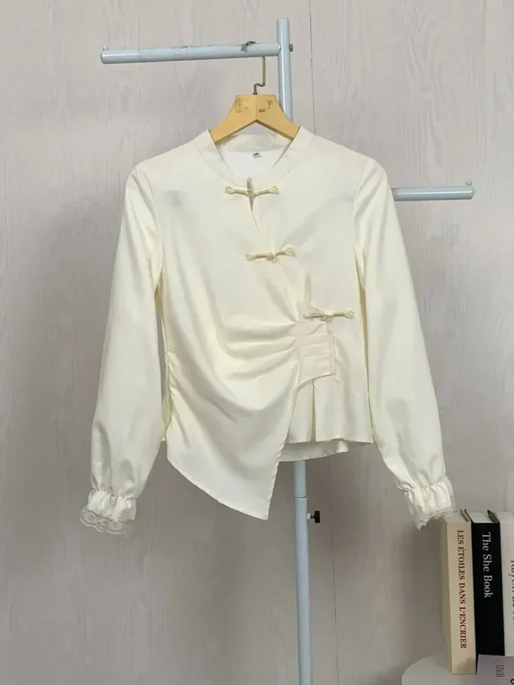 ASAYA Kaos lengan panjang solid baru, atasan dengan desain lipatan sederhana dipadukan dengan kancing khusus, renda menghiasi siku