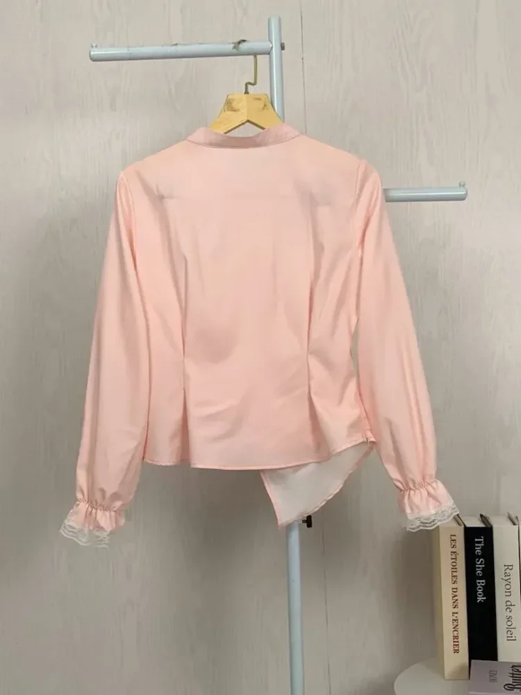 ASAYA Kaos lengan panjang solid baru, atasan dengan desain lipatan sederhana dipadukan dengan kancing khusus, renda menghiasi siku
