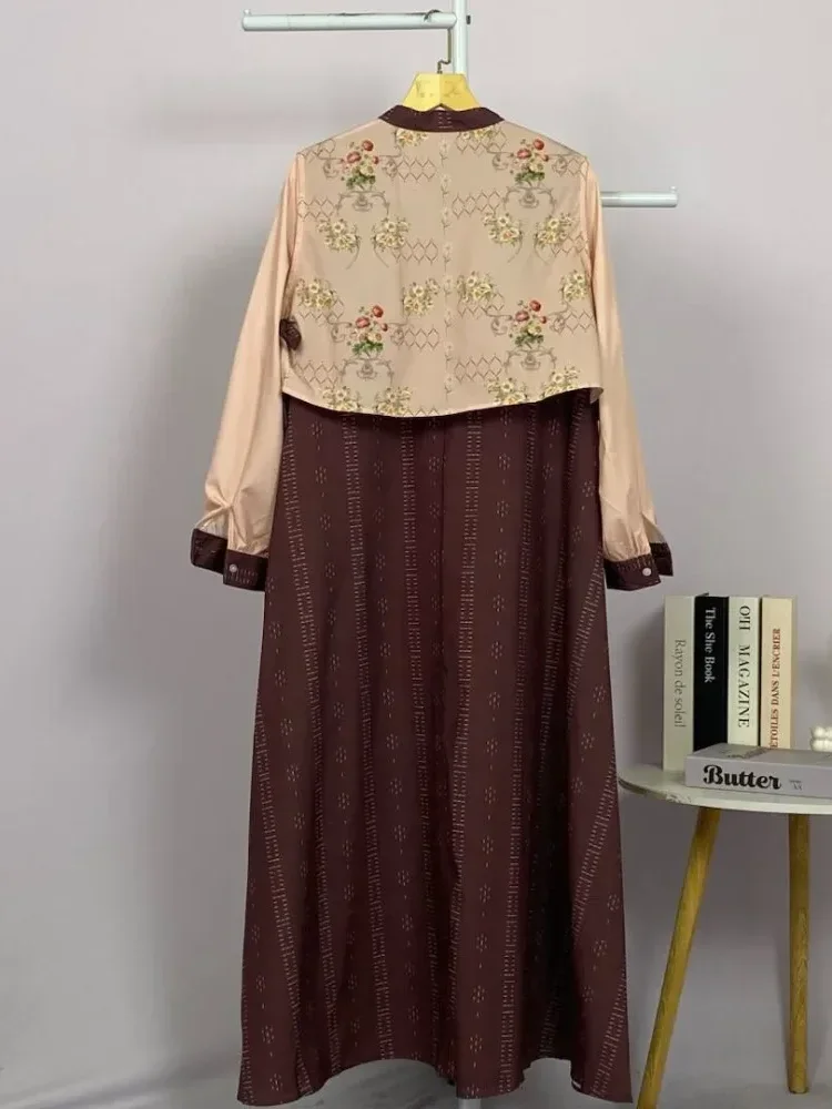 ASAYA Gaun kantoran gaya dua lapis pura-pura dengan lengan panjang wanita bergaya kemeja