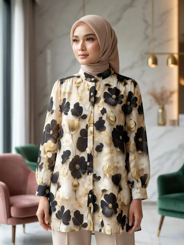 [DISKON KILAT]ASAYA Atasan kemeja lengan panjang  elegan longgar kasual cetak