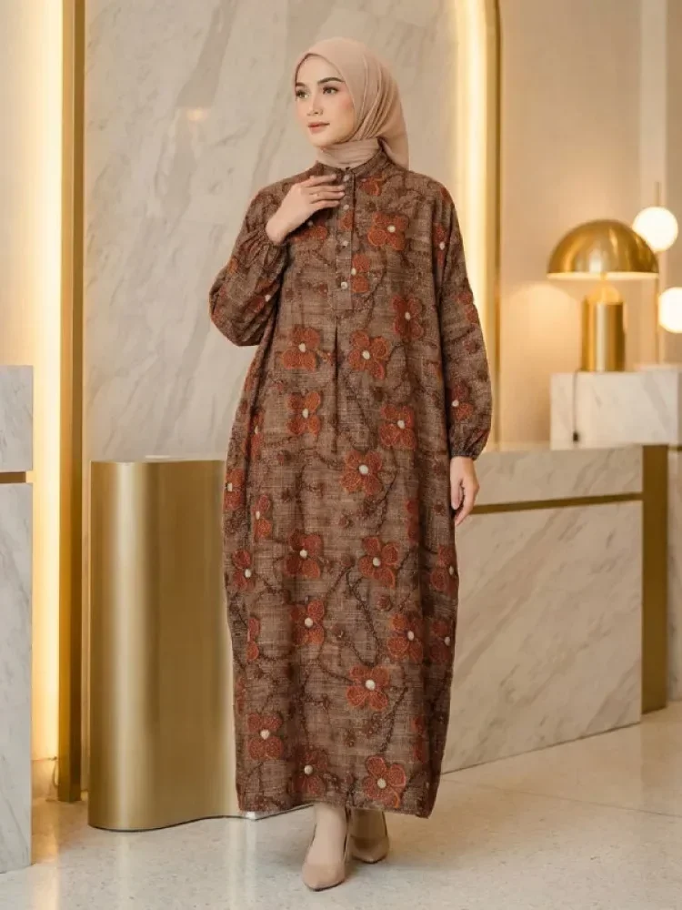 [READY STOCK]ASAYA Gaun panjang longgar kasual tipis bermotif dengan desain mode elegan
