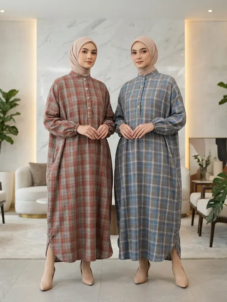 ASAYA Gaun panjang longgar kasual tipis bermotif dengan desain mode elegan
