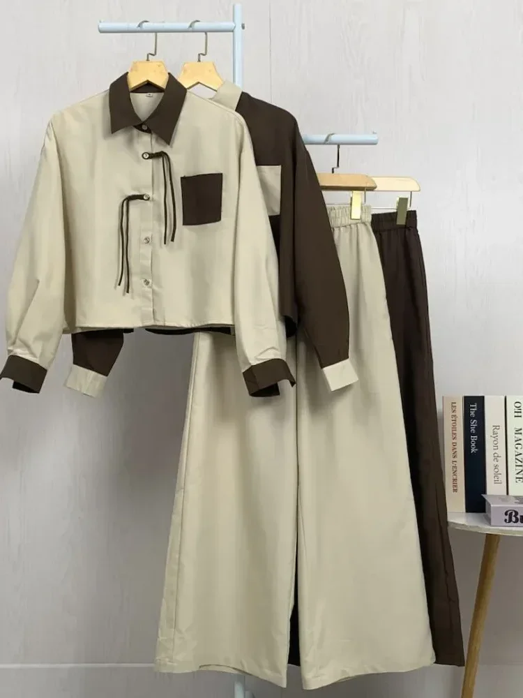 ASAYA Set dua potong atasan dan celana longgar yang modis dan sederhana untuk wanita