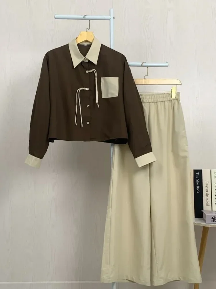 ASAYA Set dua potong atasan dan celana longgar yang modis dan sederhana untuk wanita