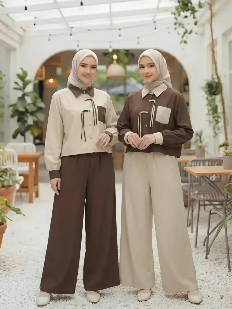 ASAYA Set dua potong atasan dan celana longgar yang modis dan sederhana untuk wanita